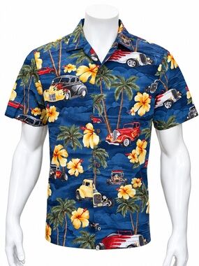 Vintage Authentic RJC Made in Hawaii Hawaiian Classic Cars Floral Shirt Size MD